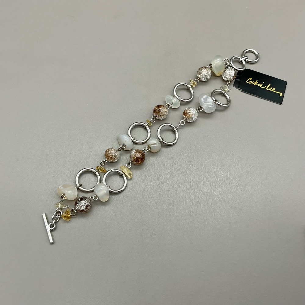 Cookie Lee Bracelet Women Silver Tone Brown White Bead Toggle Fashion Jewelry